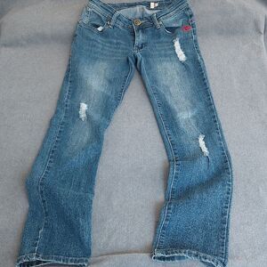 Ecko Unlimited Blue Distressed Boot Cut Jeans Size 3/4